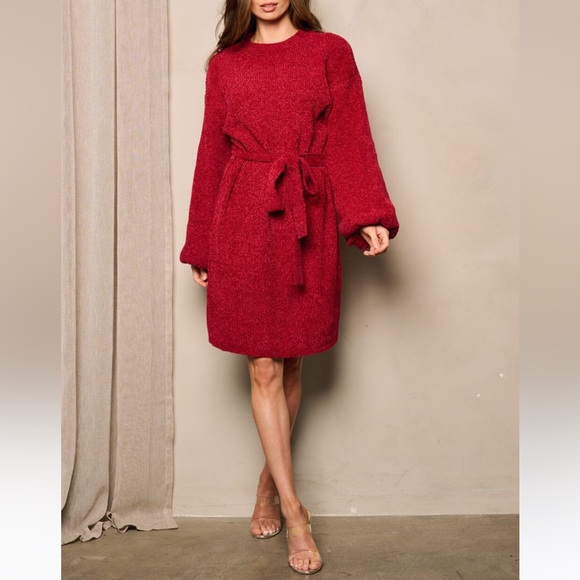 Dresses & Skirts - Burgundy Long Sleeve Self Tie Mini Dress